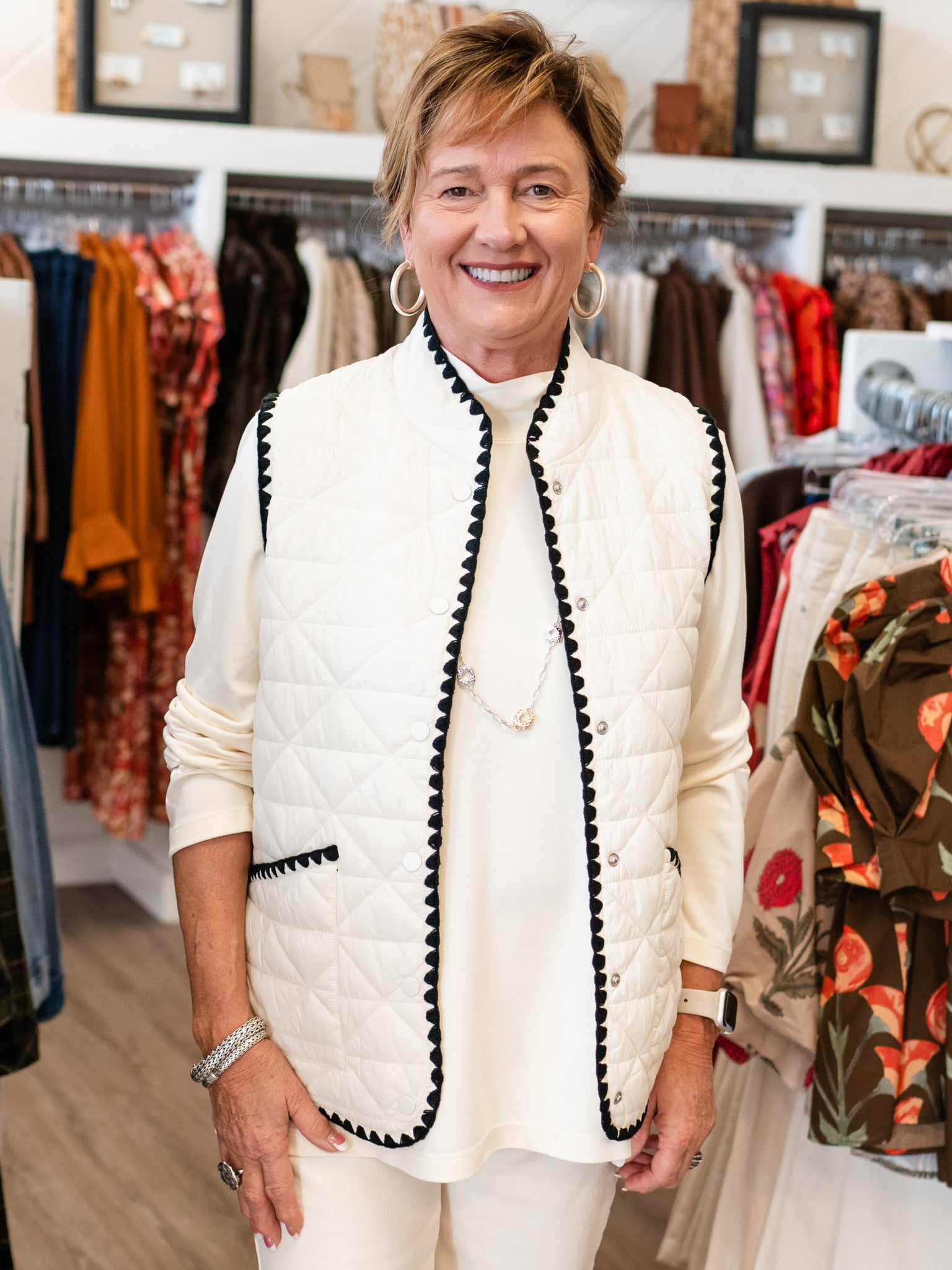 Blanket Stitch Quilted Vest Winter White by Multiples