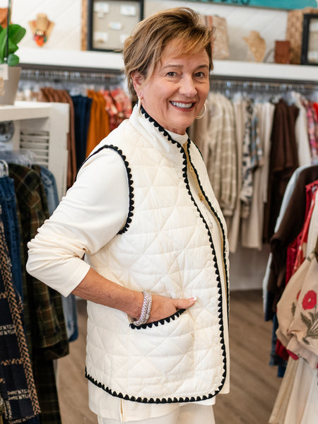 Blanket Stitch Quilted Vest Winter White by Multiples