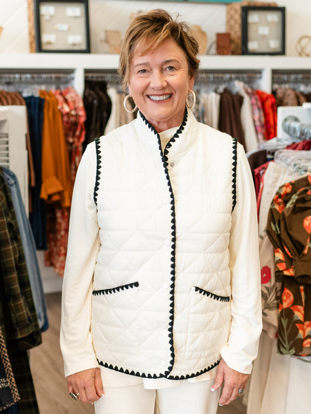 Blanket Stitch Quilted Vest Winter White by Multiples