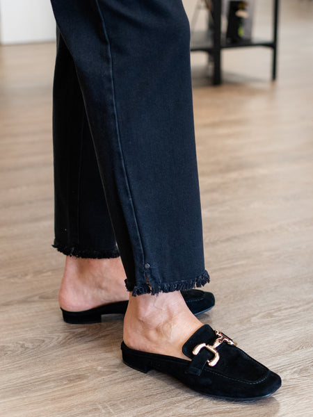 Denim Ankle Jean w/ Fringe Hem Black by Multiples