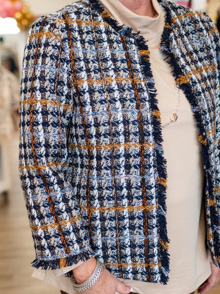 Fringe Trim Plaid Jacket by Multiples