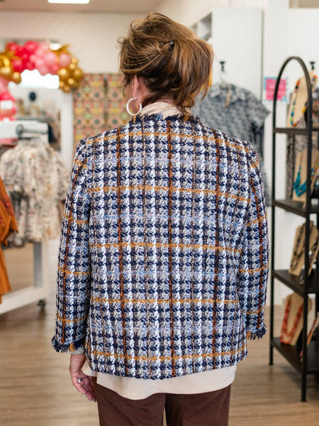 Fringe Trim Plaid Jacket by Multiples