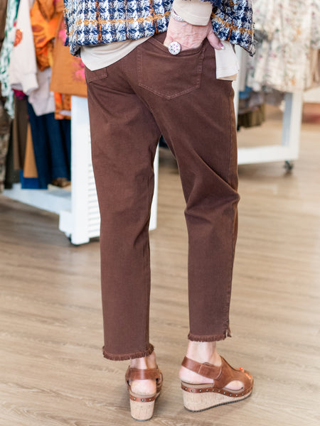 Denim Ankle Jean w/ Fringe Hem Rich Chocolate by Multiples