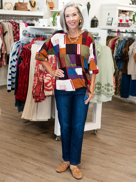 Printed Slub Knit V-Neck Top Square Multi by Multiples