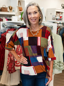 Printed Slub Knit V-Neck Top Square Multi by Multiples