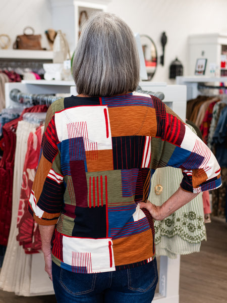 Printed Slub Knit V-Neck Top Square Multi by Multiples