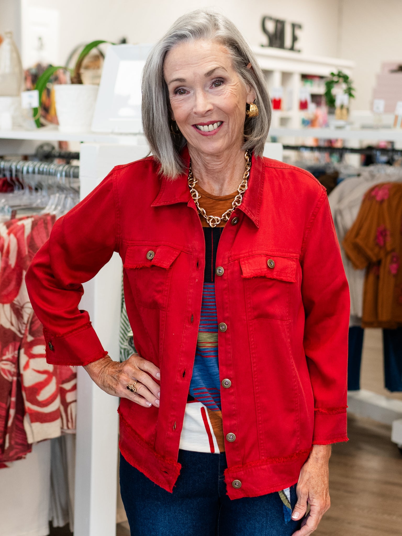 Fringe Hem Jean Jacket Chili Pepper by Multiples