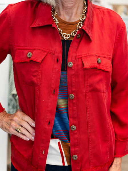 Fringe Hem Jean Jacket Chili Pepper by Multiples