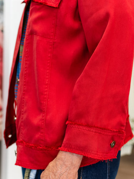 Fringe Hem Jean Jacket Chili Pepper by Multiples