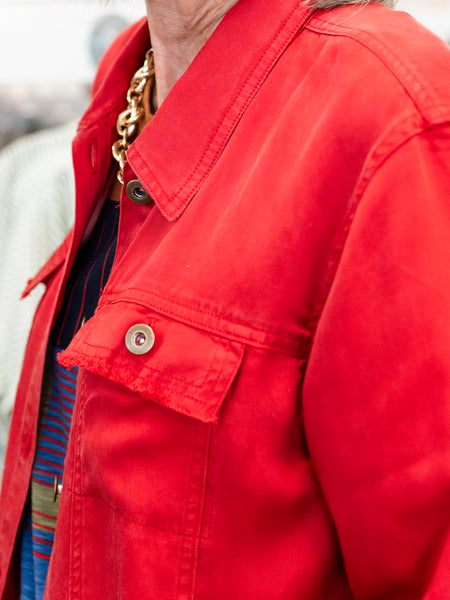 Fringe Hem Jean Jacket Chili Pepper by Multiples