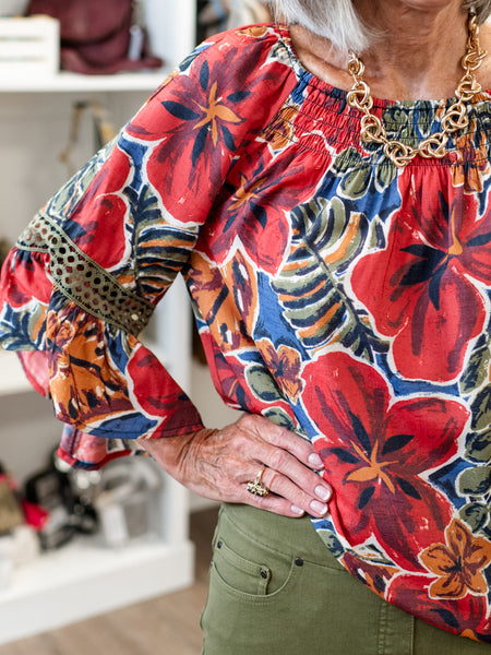 Printed Crinkle Woven Top w/ Flounce Sleeves by Multiples