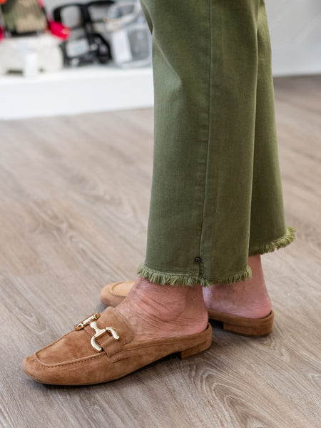 Fringe Hem Denim Ankle Jean Moss Green by Multiples