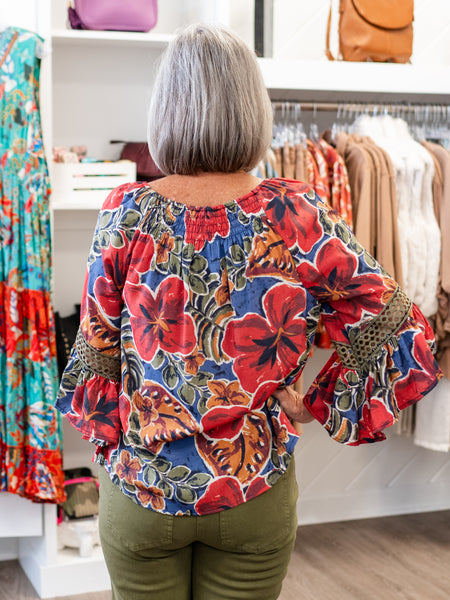 Printed Crinkle Woven Top w/ Flounce Sleeves by Multiples