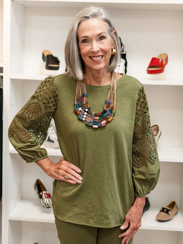Embroidered Sleeve Slub Knit Top Moss Green by Multiples