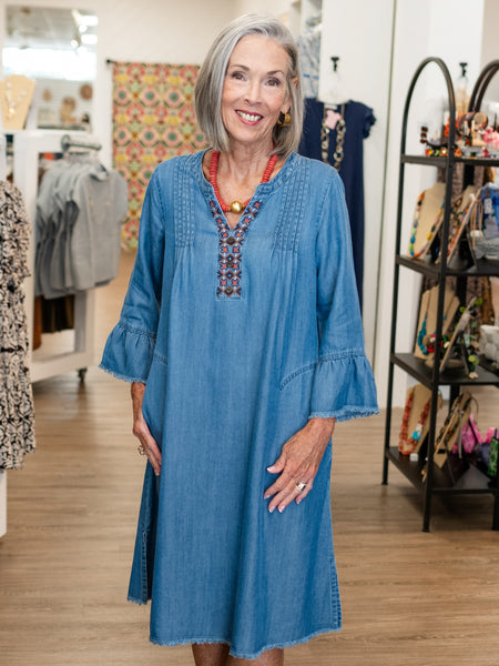 Embroidered Denim Dress w/ Flounce Sleeves by Multiples