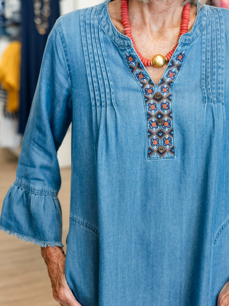 Embroidered Denim Dress w/ Flounce Sleeves by Multiples