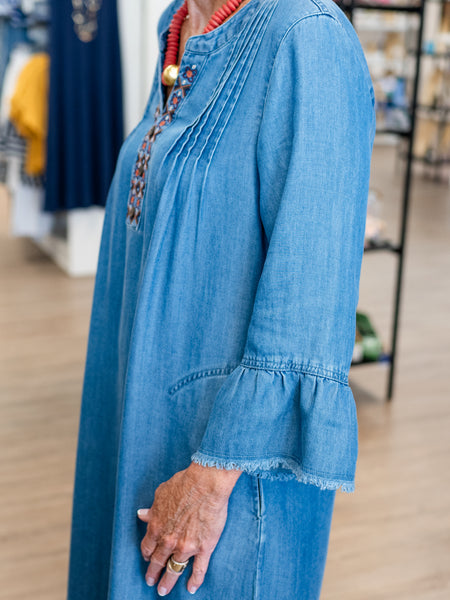 Embroidered Denim Dress w/ Flounce Sleeves by Multiples