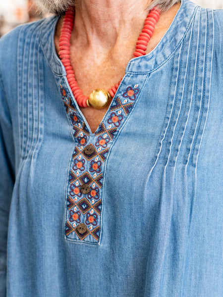 Embroidered Denim Dress w/ Flounce Sleeves by Multiples