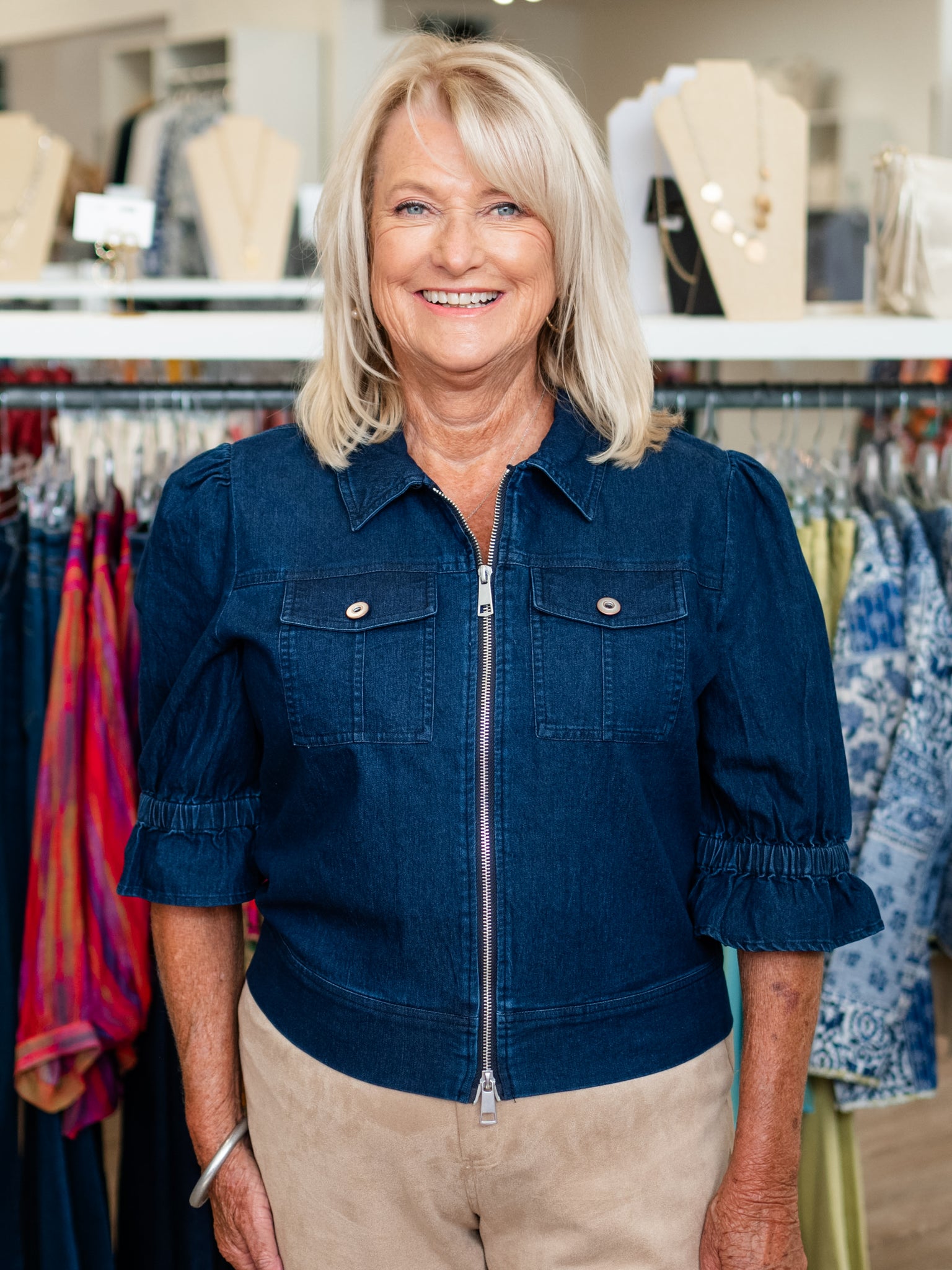 Smocked Sleeve Denim Jacket Dk. Denim by Boho Chic
