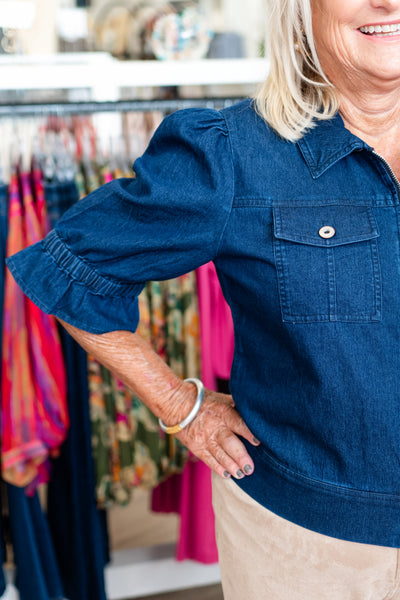 Smocked Sleeve Denim Jacket Dk. Denim by Boho Chic