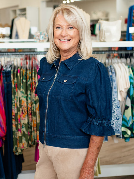 Smocked Sleeve Denim Jacket Dk. Denim by Boho Chic