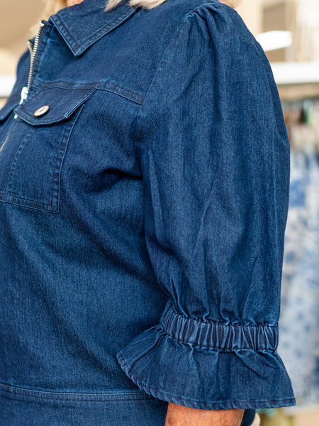 Smocked Sleeve Denim Jacket Dk. Denim by Boho Chic