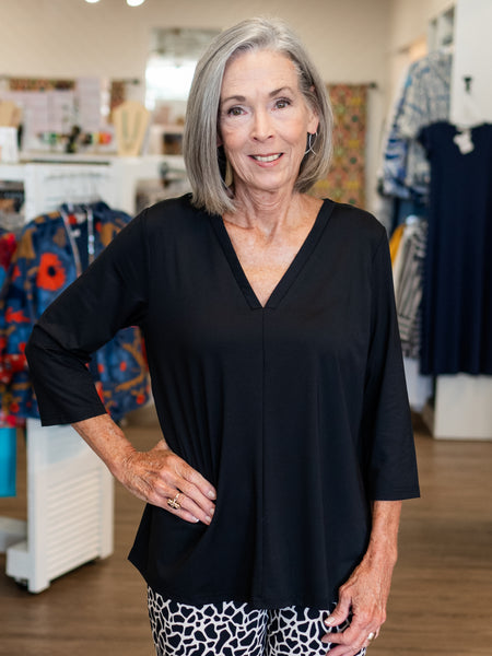 3/4 Sleeve Solid VNeck Top Black by Lulu B