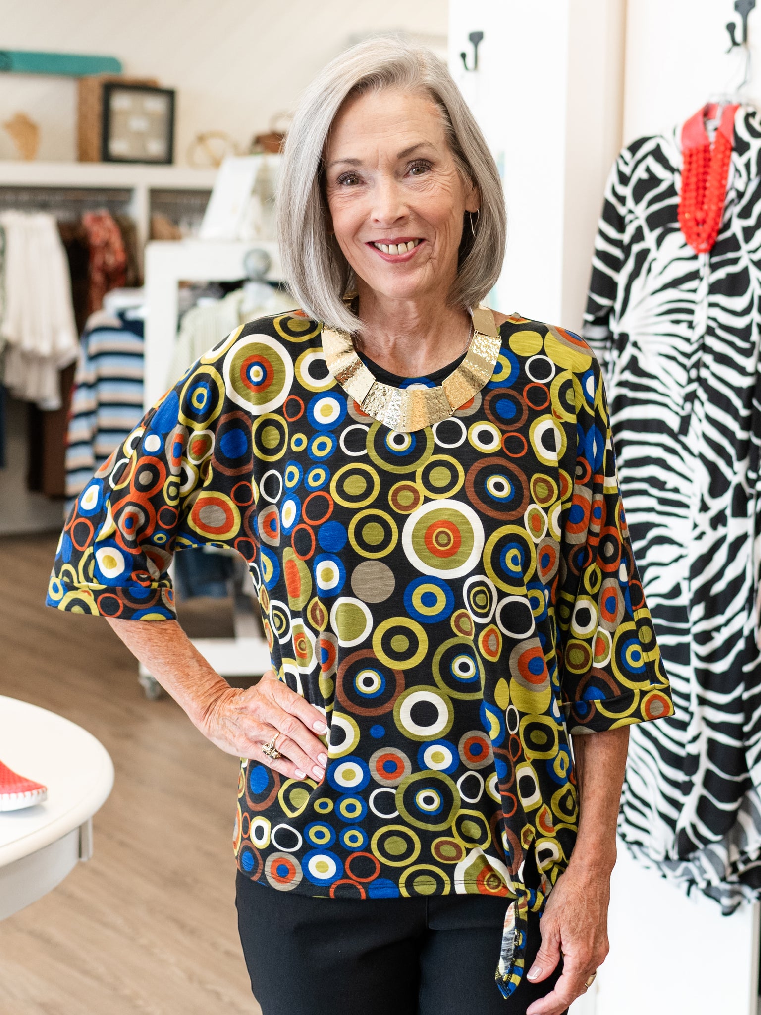 Printed Slub Knit V-Neck Top by Multiples