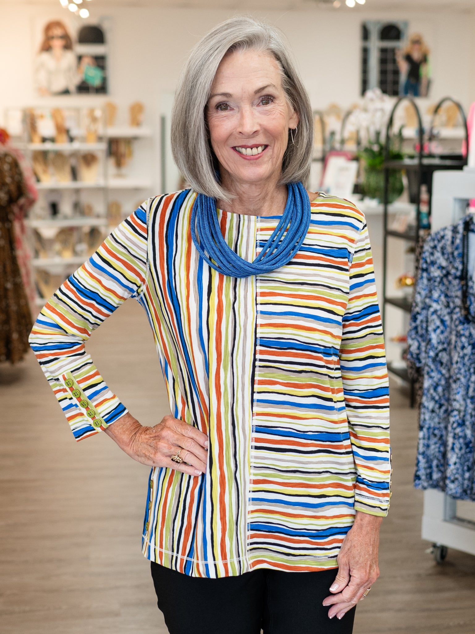 Faux Button Placket Slub Knit Top Multi by Multiples