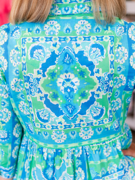 Montevido Aqua Patchwork Tiered Dress by Orientique