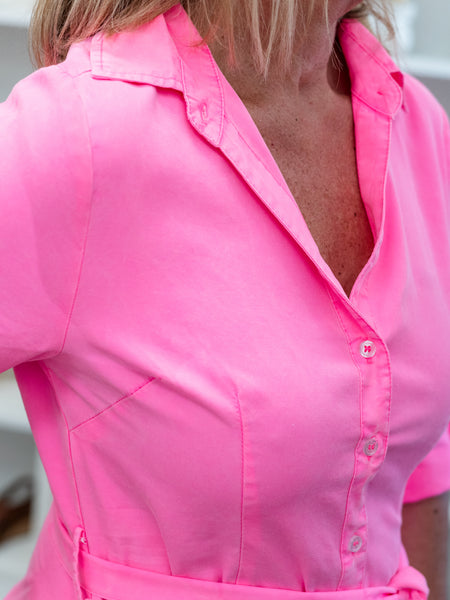 Button Front Shirt Dress Bright Pink by Lulu B