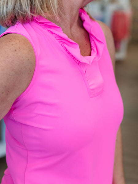 Sleeveless Ruffle Neck Tank Clear Pink by Lulu B