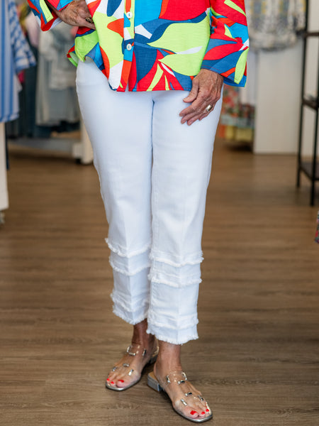 Denim Flare Crop Pant Multi Fringe Hem White by Multiples