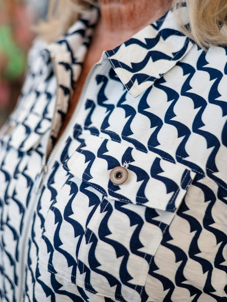 Zip Front Printed Shirt Navy by Boho Chic