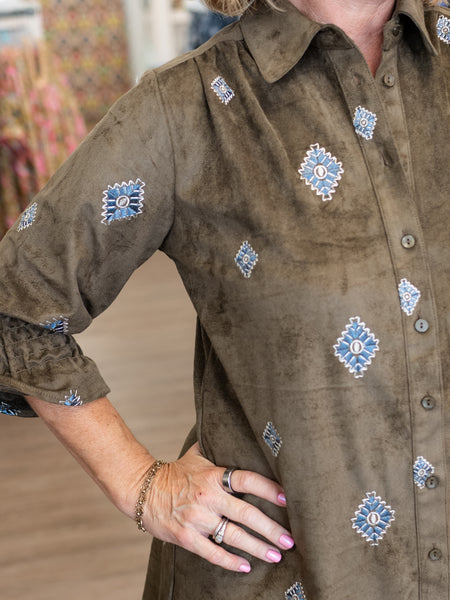 Olive Embroidered Shirt Dress by Boho Chic