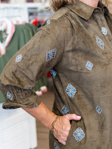 Olive Embroidered Shirt Dress by Boho Chic