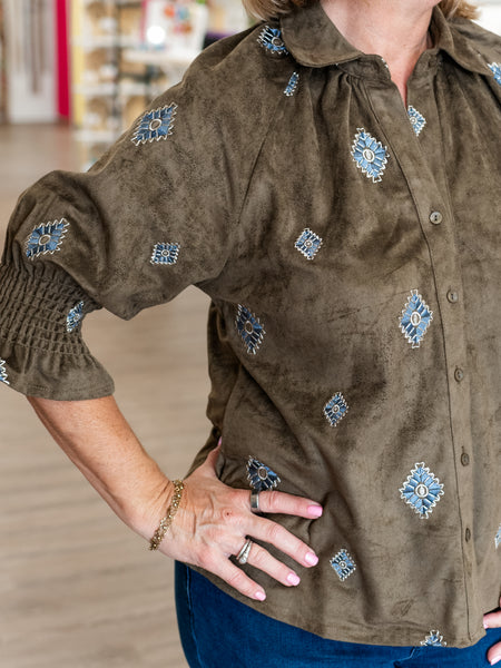 Olive Embroidered Button Front Top by Boho Chic