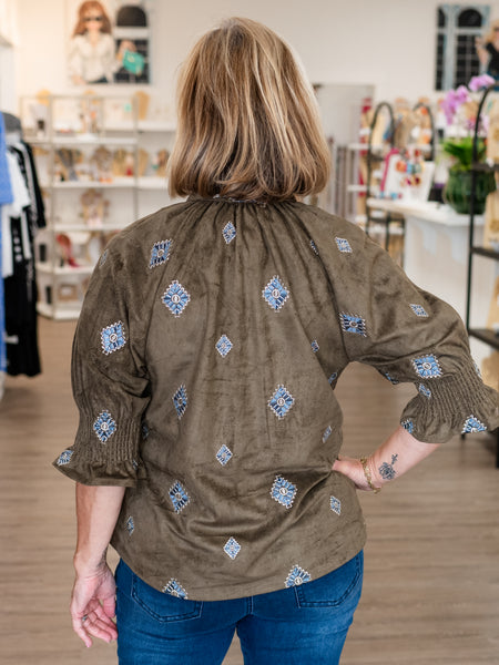 Olive Embroidered Button Front Top by Boho Chic