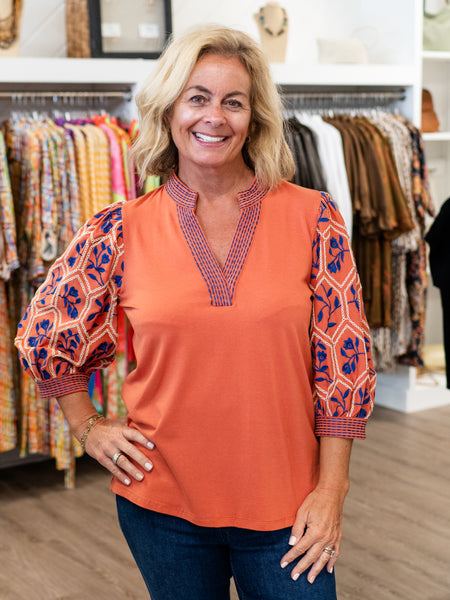 Split Neck w/ Embroidered Sleeves by Tru Luxe