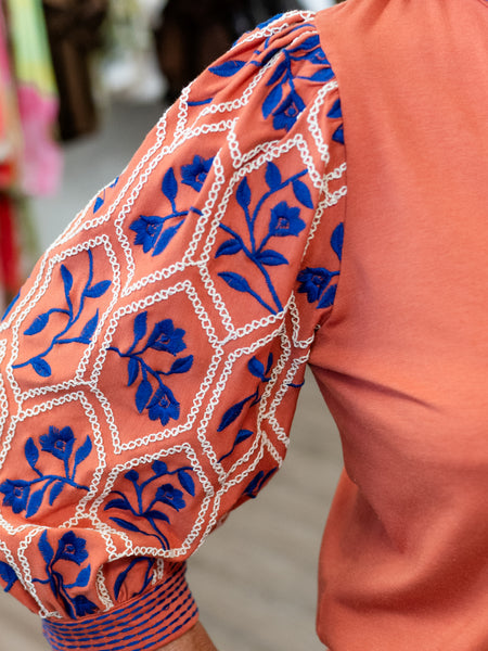 Split Neck w/ Embroidered Sleeves by Tru Luxe