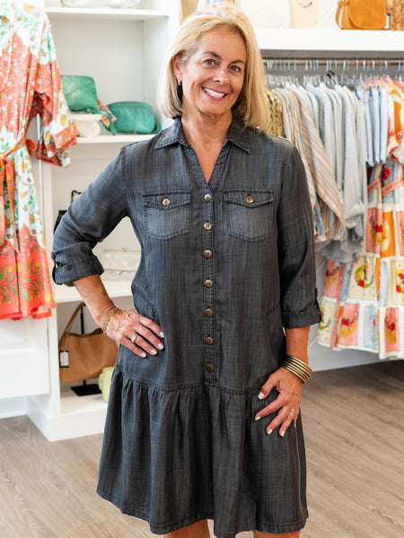 Twill Denim Dress w/ Flounce Hem Black Denim by Multiples
