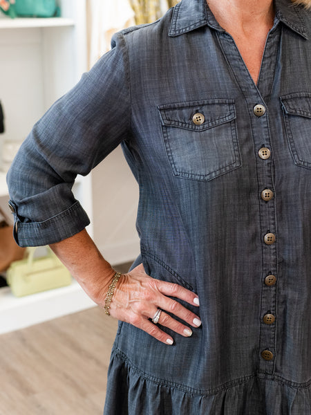 Twill Denim Dress w/ Flounce Hem Black Denim by Multiples