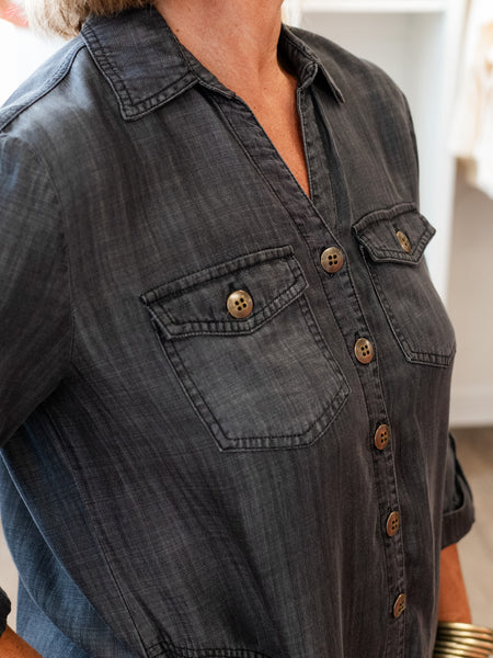Twill Denim Dress w/ Flounce Hem Black Denim by Multiples