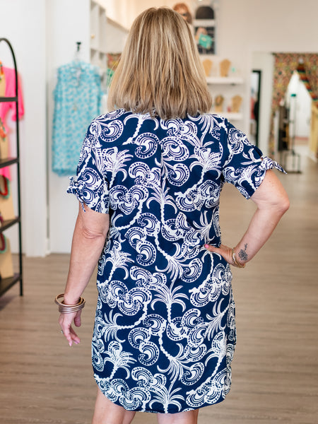 S/S Hailey Dress Navy Palm Paisley by La Mer Luxe