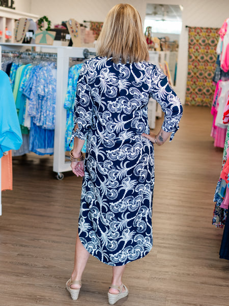 Hailey Dress Navy Palm Paisley by La Mer Luxe