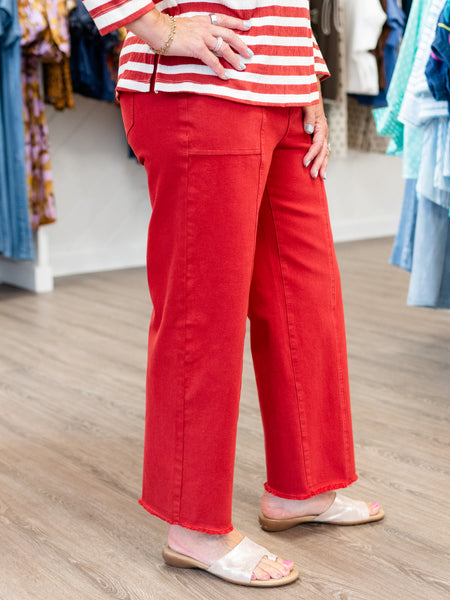 Zip Woven Crop Jean w/ Fringe Hem Brick by Multiples
