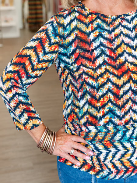 3/4 Sleeve Drawstring Hem Knit Top Chevron by Multiples
