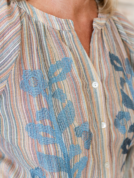 Split Neck Button Front Top w/ Embroidery by Tru Luxe