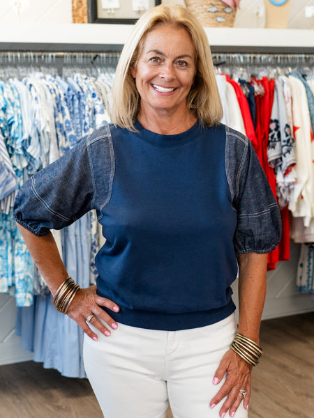 Knit Top w/ Denim Sleeves by Tru Luxe
