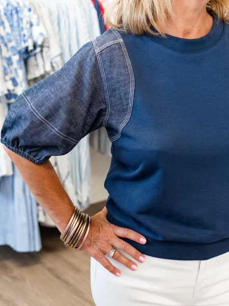 Knit Top w/ Denim Sleeves by Tru Luxe